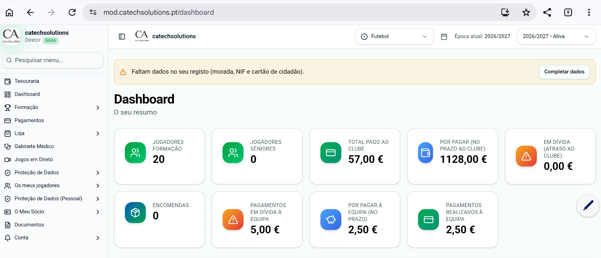 Dashboard — visão geral do clube