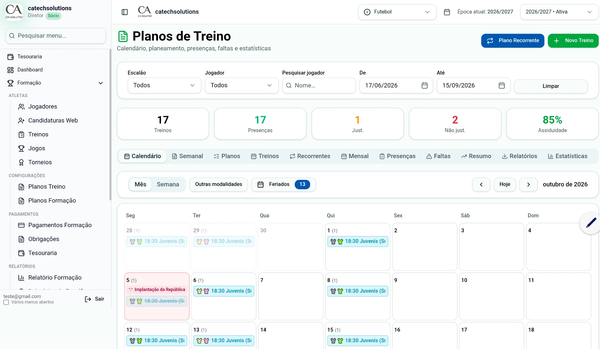 Planos de treino, calendário e presenças